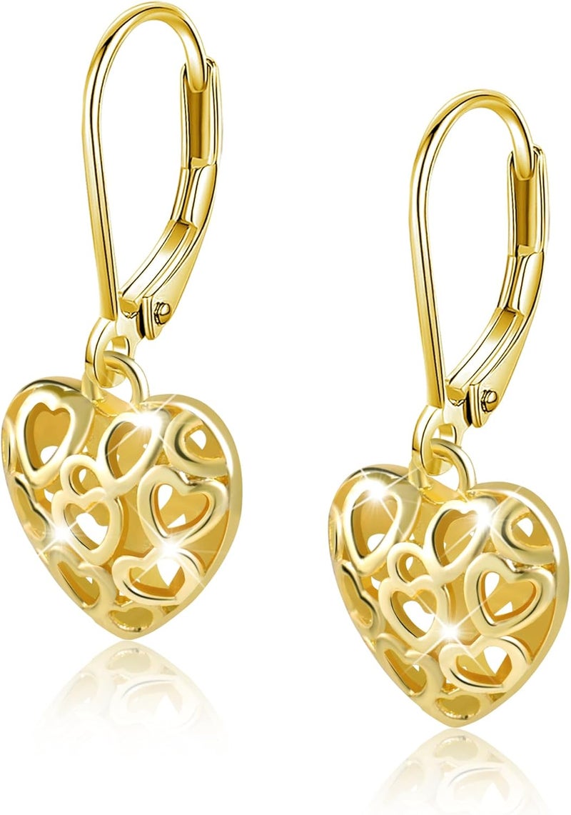 Lancharmed 925 Sterling Silver 14K Gold French Style Leverback Earrings, Heart Dangle Drop Earrings for Women Hypoallergenic Jewelry - Image 1